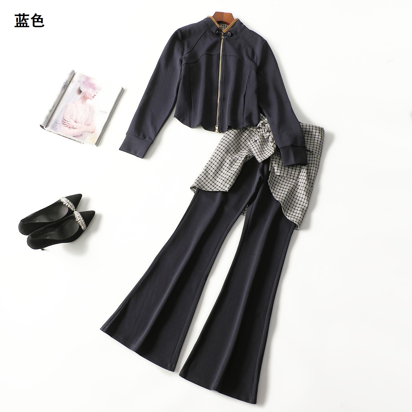 412958新款超值精品女装精致洋气秋长款拉链长袖外套裤子套装