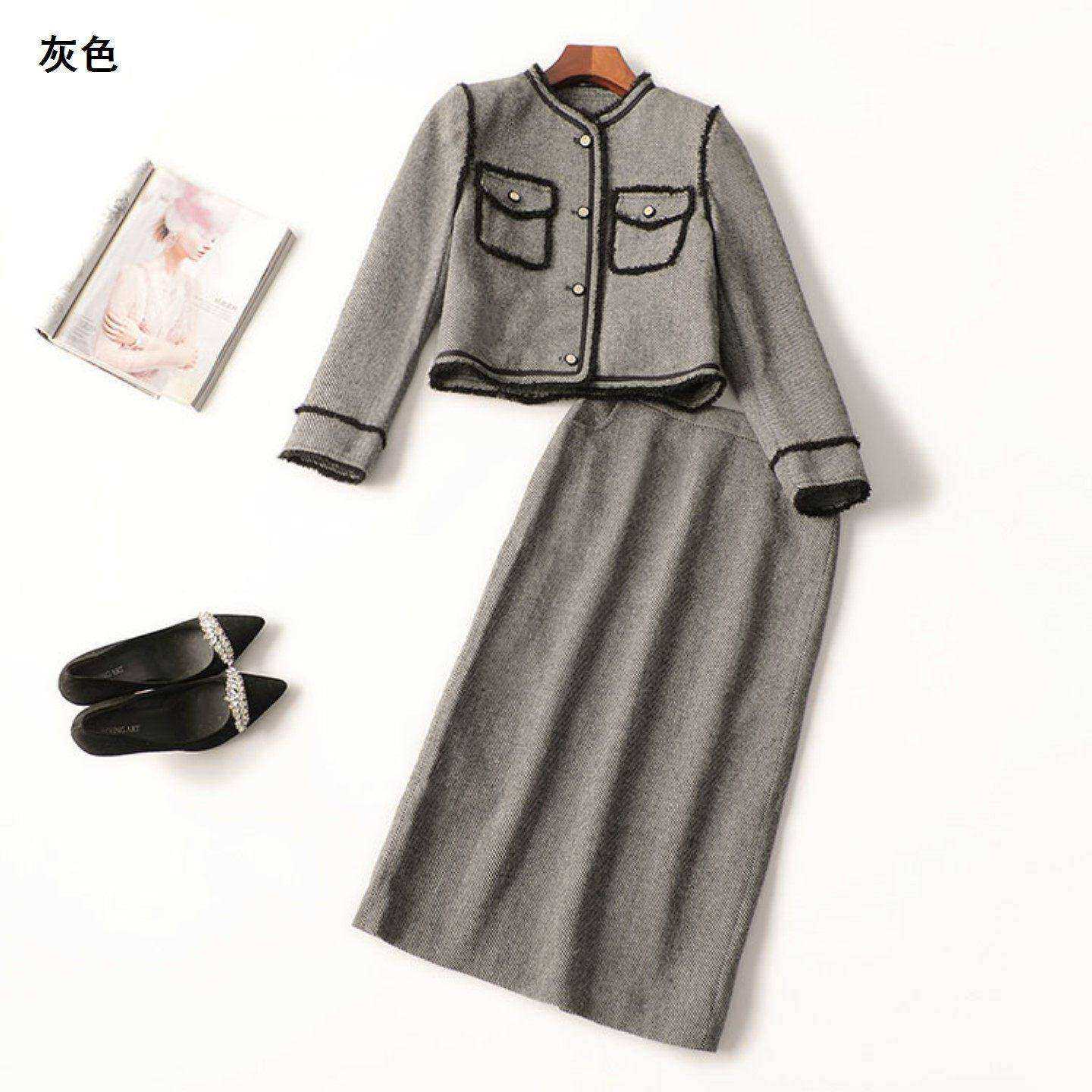 245095 冬外套半身裙套装 女羽绒毛呢长款长袖圆领.M.L.XL