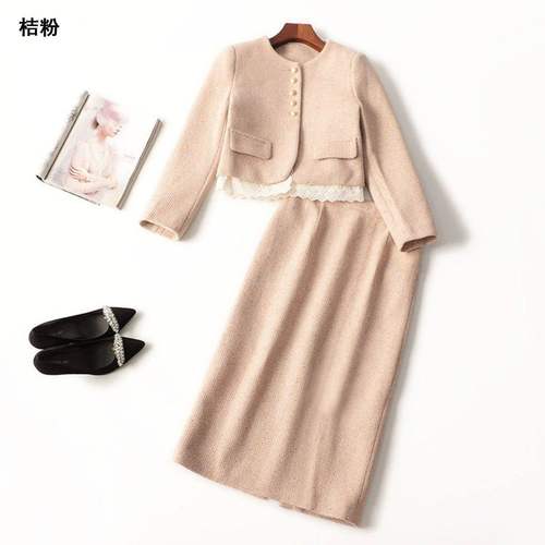 245096 冬外套半身裙套装 女粗纺毛呢羽绒长款长袖圆领.L.XL.2XL