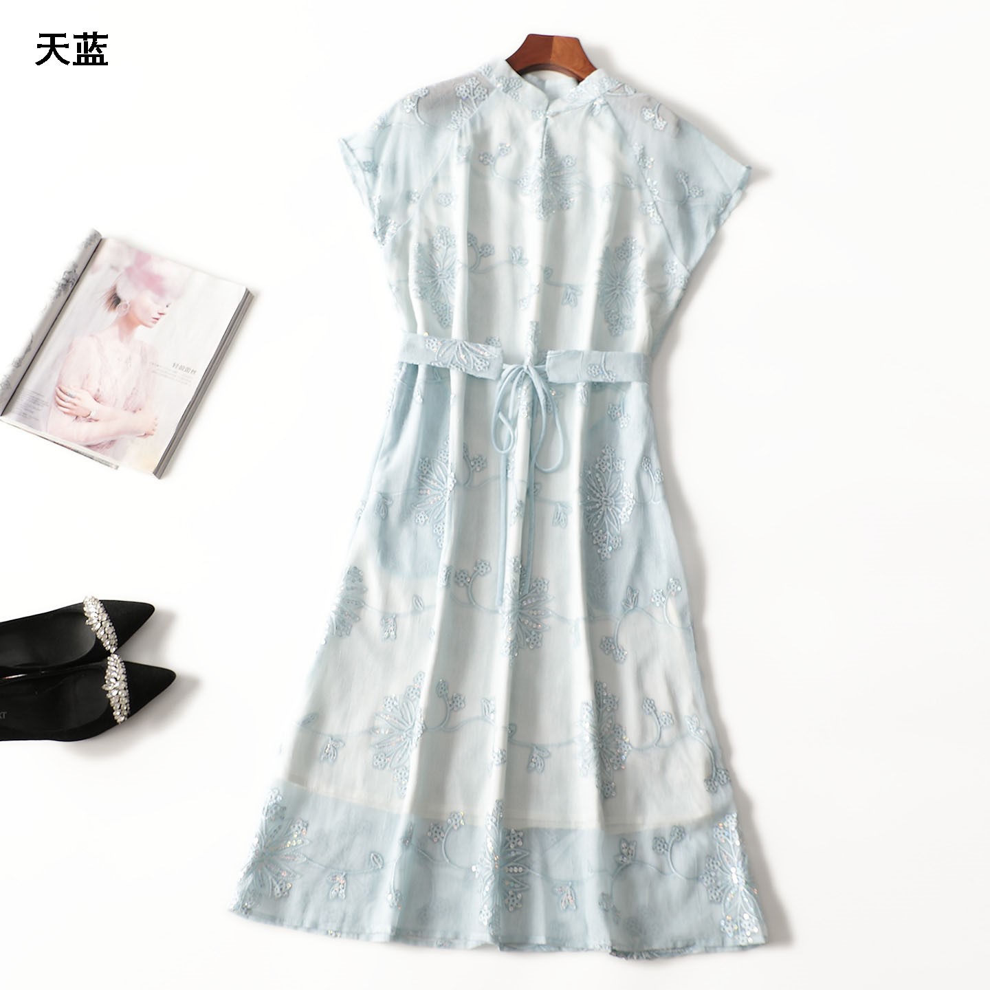 411947 夏连衣裙 女加长款短袖立领清仓