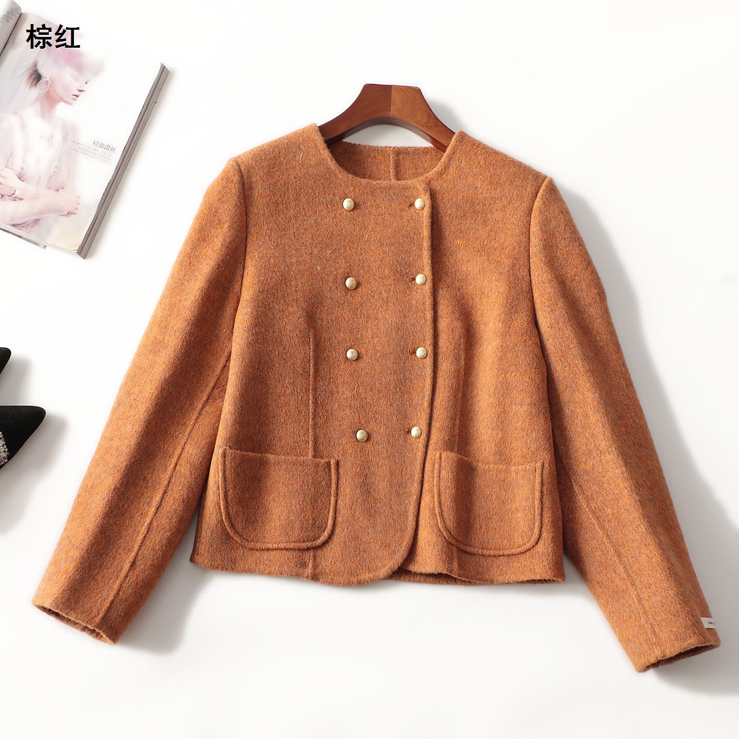 247466 冬双面呢大衣 女短款长袖双排扣