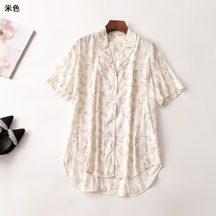 242468 夏中长款翻领短袖印花衬衫