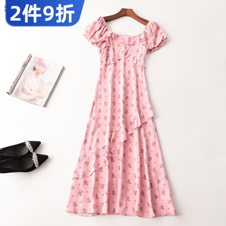 243094 夏连衣裙 女加长款短袖一字领现货