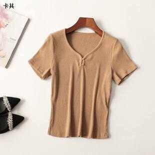 245268 秋粘胶针织衫 深圳女短款短袖V领断码清仓