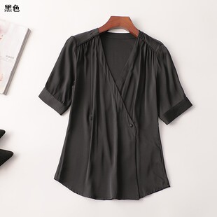 242873 夏中长款V领短袖衬衫