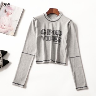 412149 秋T恤 深圳女短款长袖套头现货