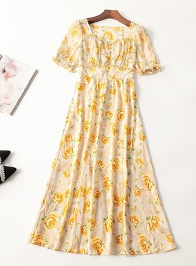 411232敲好看仙气飘飘气质女人味法式碎花夏加长款V领短袖连衣裙