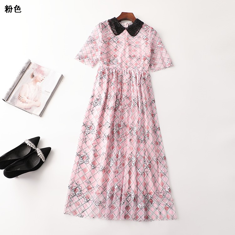 241900 夏连衣裙 深圳女钉珠加长款五分袖翻领