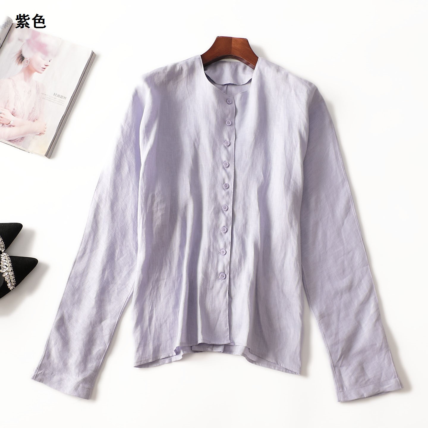 246799 秋麻衬衫 女中长款长袖单排扣