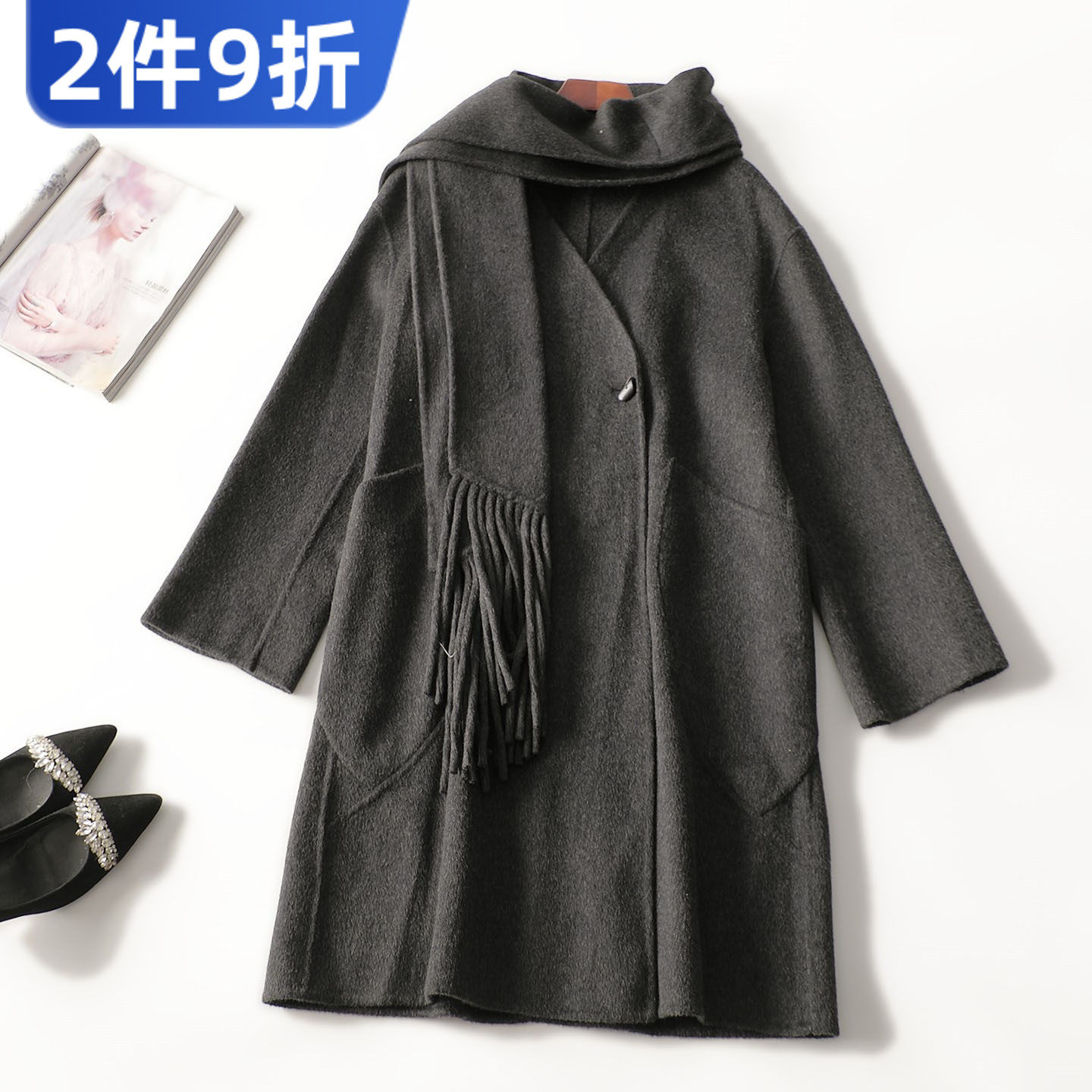 412757 冬双面呢大衣 女加长款长袖单排扣清仓