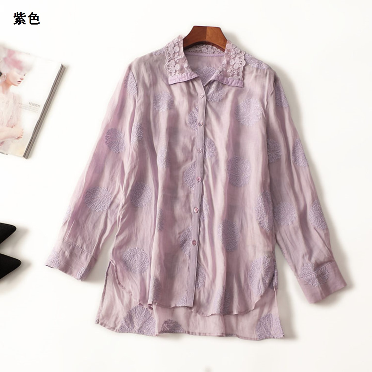 411292 秋麻衬衫 女中长款长袖翻领现货