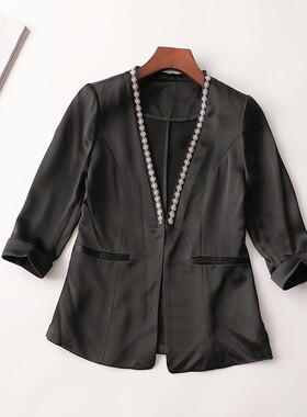 239688 秋醋酸纤维外套 深圳女钉珠中长款七分袖翻领清仓