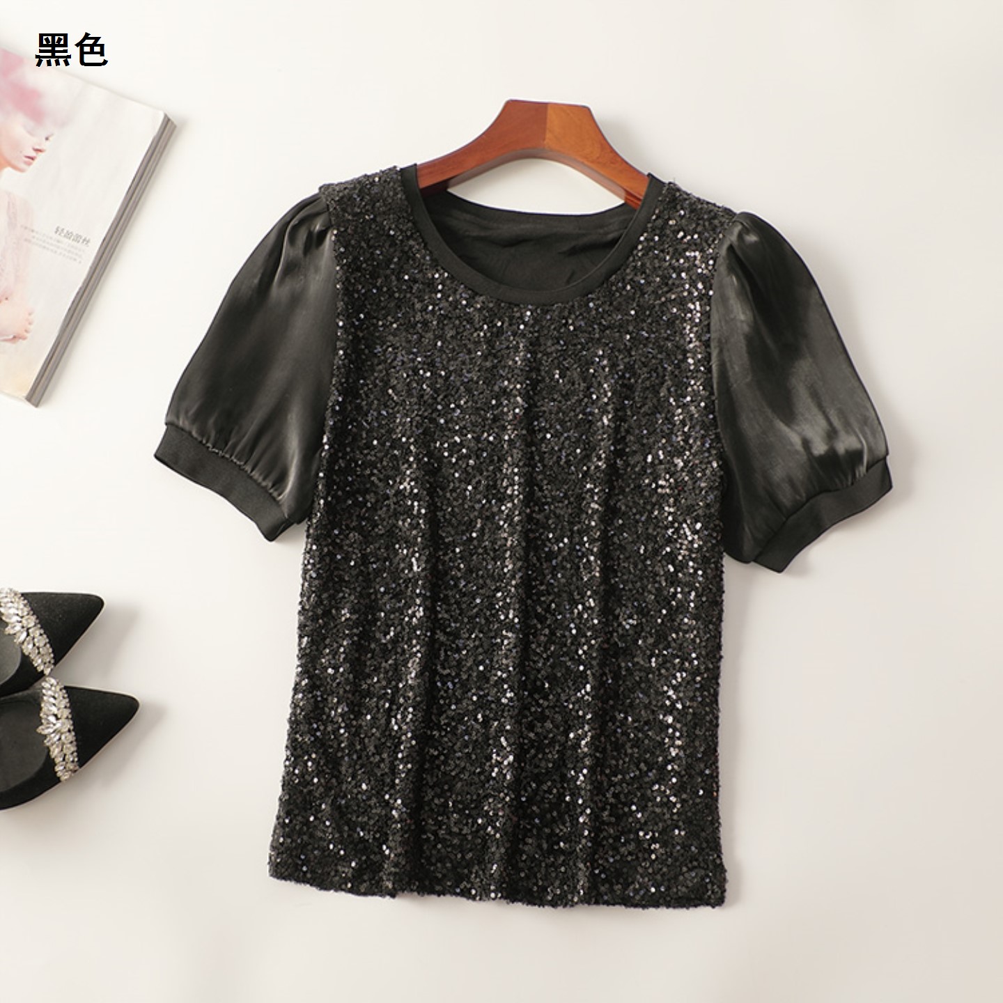 411262 夏上衣 深圳女亮片中长款短袖圆领