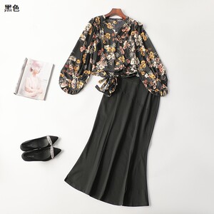 410468 秋衬衣半身裙套装 女中长款长袖V领