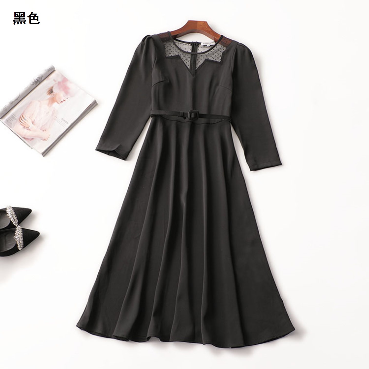 407728 秋连衣裙 女加长款九分袖圆领