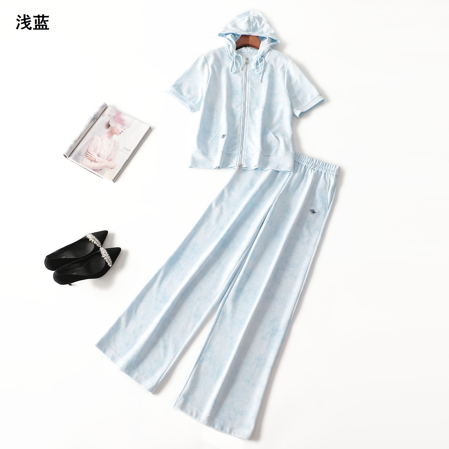 411562 夏外套裤子套装 女长款短袖连帽