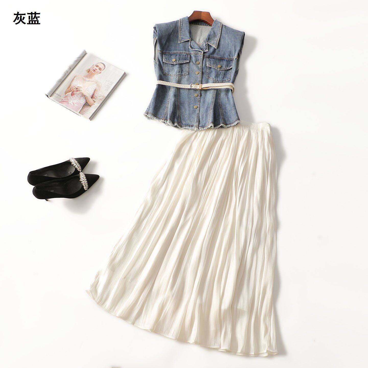 249634 春马夹半身裙套装 女长款无袖单排扣.M.L.XL