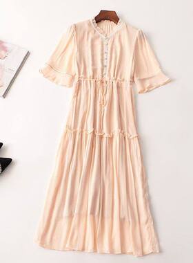 243063 夏连衣裙 深圳女加长款五分袖V领现货