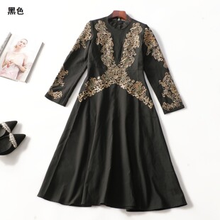 507504南油高端欧洲站轻奢重工女装秋加长款套头五分袖连衣裙