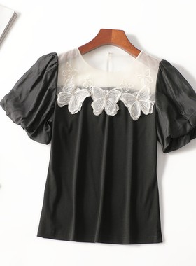 411770超值品质精品女装25年夏重工洋气天丝袖圆领短袖T恤