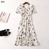 405194 V领 五分袖 夏连衣裙 女印花加长款