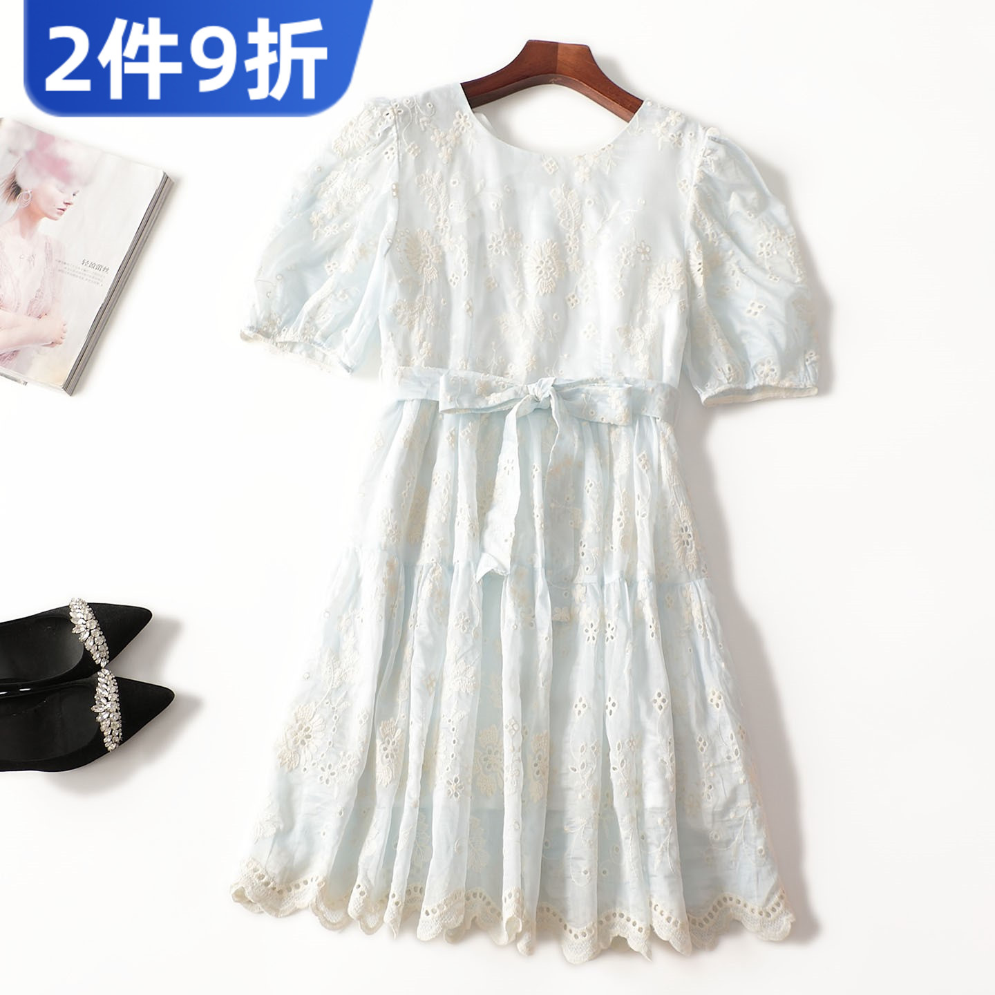411642 夏天丝连衣裙 女长款五分袖圆领