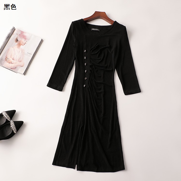 秋醋酸纤维连衣裙女长款九分袖