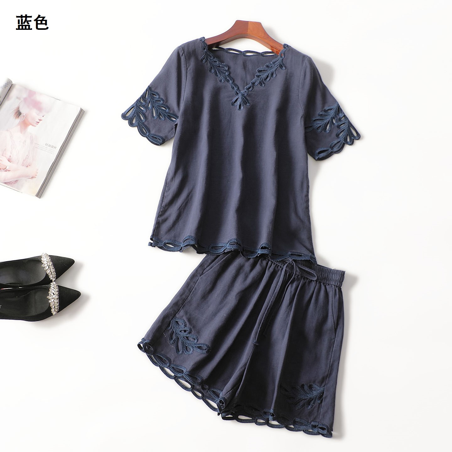 246224 夏麻上衣裤子套装 女短款五分袖套头