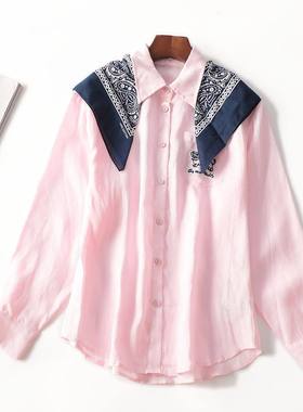 246853 秋棉麻衬衫 女中长款长袖单排扣