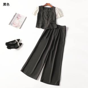 246454 夏莱赛尔衬衣裤子套装 女长款短袖单排扣