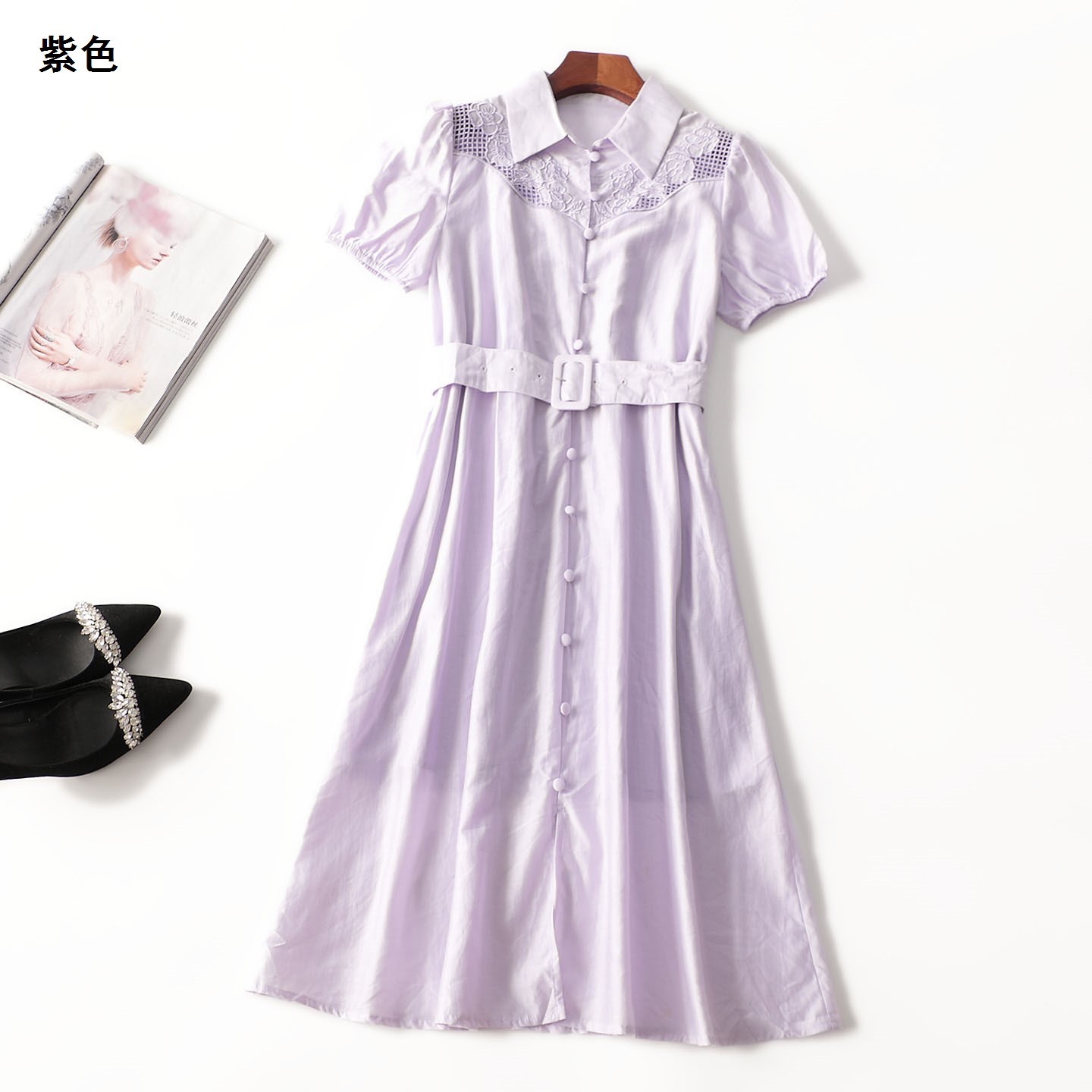 411839 夏天丝连衣裙 深圳女加长款短袖翻领