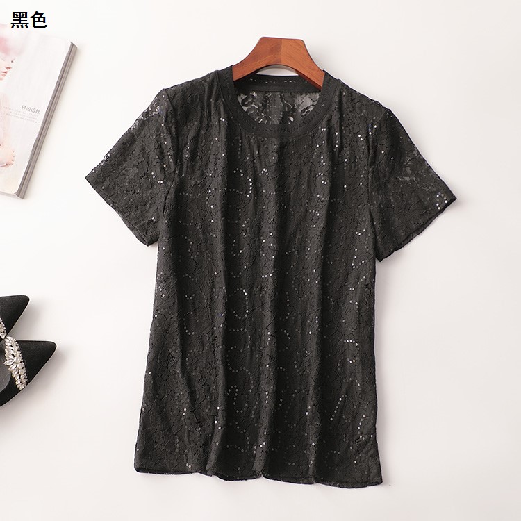 243405 夏上衣 女亮片中长款短袖圆领