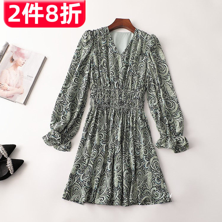 秋连衣裙女印花长款长袖V领