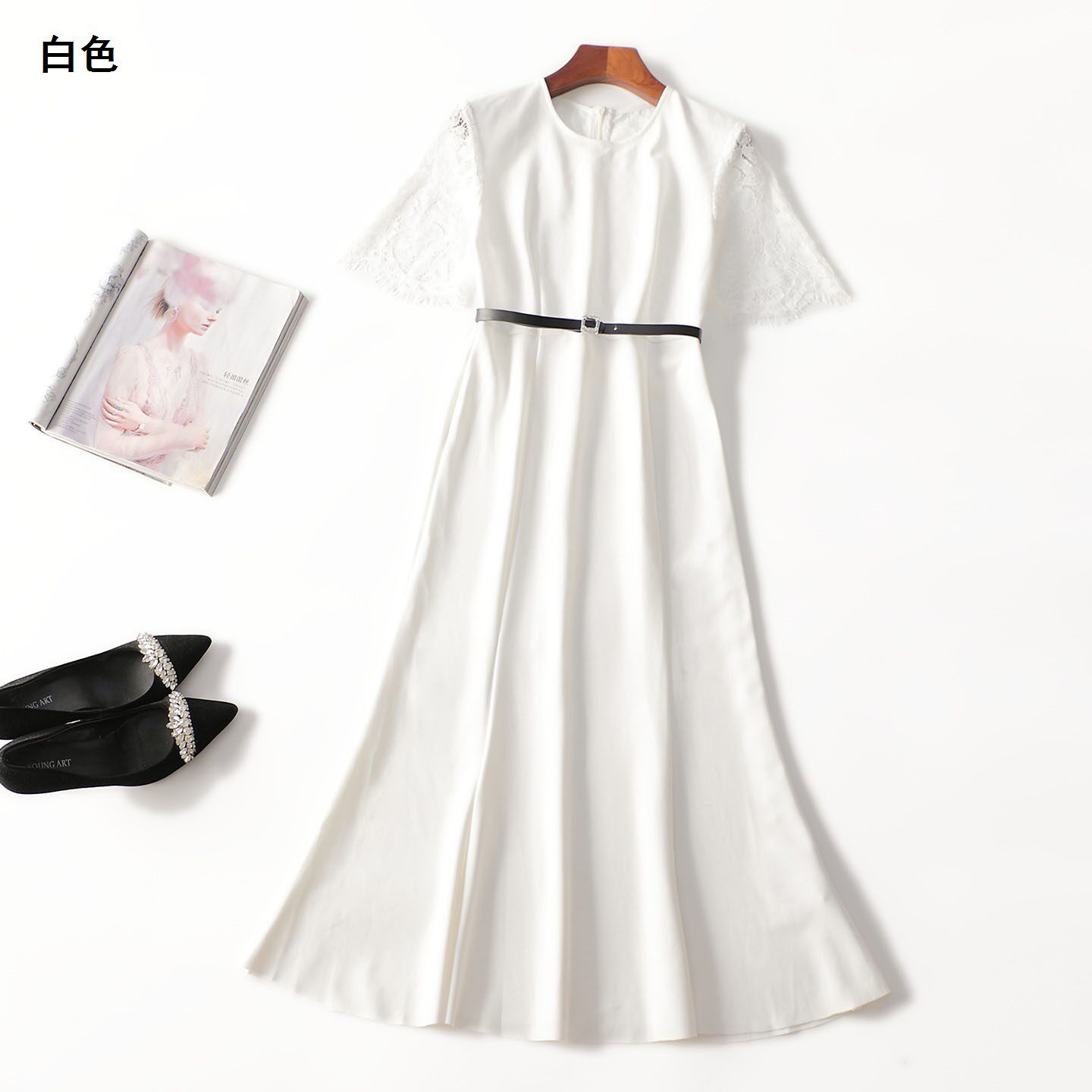 246216超值精品女装女人味白色抢眼鱼尾夏加长款套头短袖连衣裙