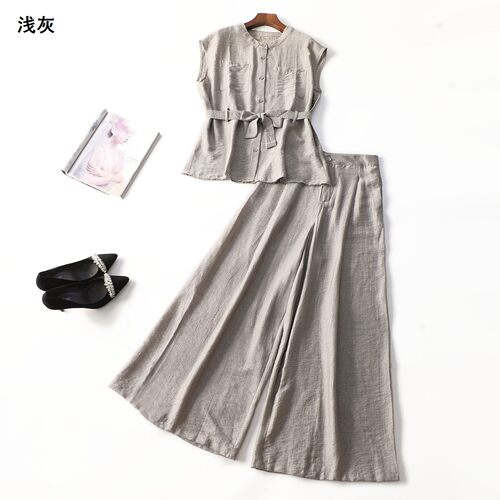 249563 夏衬衣裤子套装 女长款无袖单排扣.M.L.XL