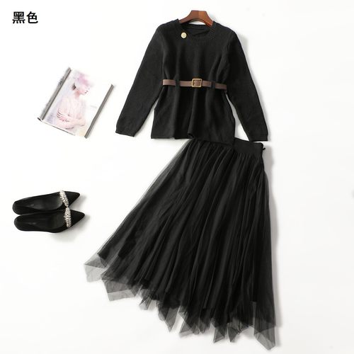 413024 秋针织衫半身裙套装 女中长款长袖套头