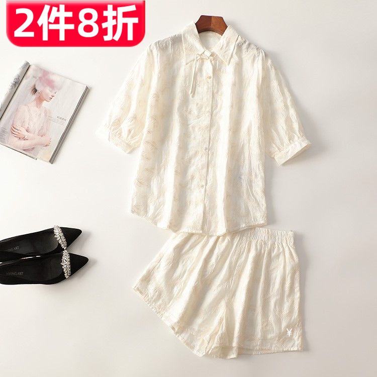 245720 夏天丝衬衣裤子套装 深圳女短款五分袖翻领