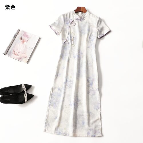 246091 夏连衣裙 女加长款短袖立领.M.L.XL.2XL
