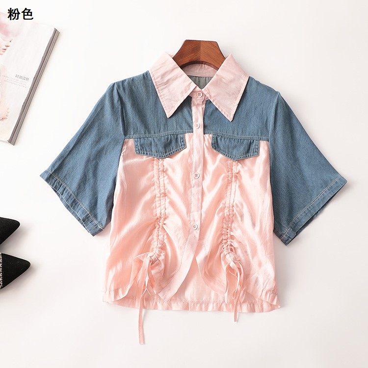 243393 夏天丝衬衫 女短款短袖翻领现货