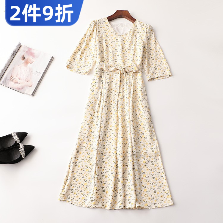 夏连衣裙女印花加长款五分袖V领