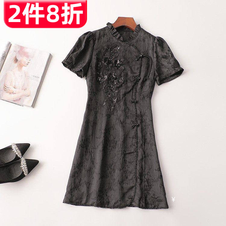 242736 夏连衣裙 深圳女钉珠提花国风盘扣长款短袖圆领