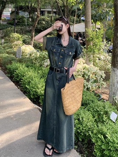 大码港风复古连衣裙女装夏季胖MM遮肚子显瘦裙子高级感a字牛仔裙