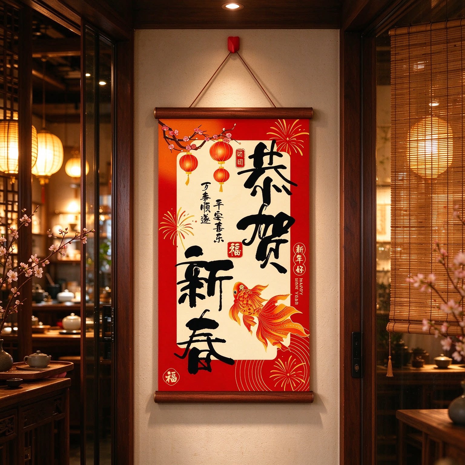新中式春节新年挂画玄关装饰画绸布材质羊年新款挂布过年氛围布置