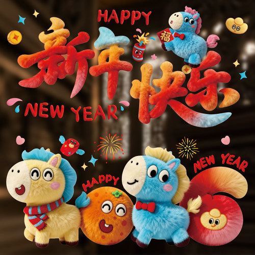 2026新年快乐玻璃帖静电贴彩色手写祝福语贴春节装饰用品福字门贴