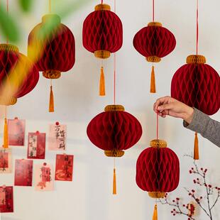 2026马年新年红灯笼蜂窝球装饰春节元旦纸灯笼挂饰商场店铺布置
