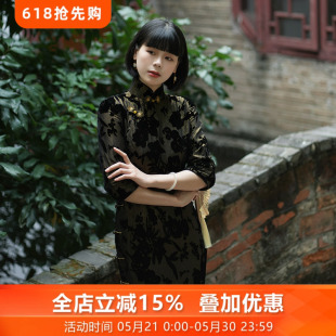 金丝绣月三重门春夏织金桑蚕丝真丝绒民国风旗袍高端大气上档次女