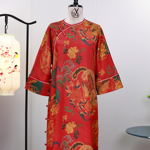 红色芳华三重门40姆米重缎香云纱旗袍中式复古宽松袍子民国风长款