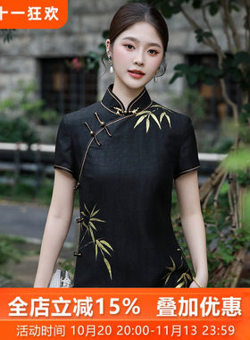 中式旗袍龟裂纹香云纱女装旗袍