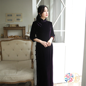 三重门旗袍红妆真丝绒桑蚕丝中式 复古中国风日常春秋老上海民国女