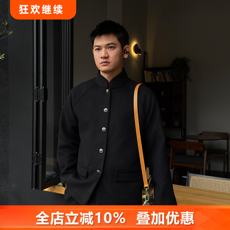 载物三重门冬季中式毛呢保暖加厚外套修身高端国风上衣长袖男国潮